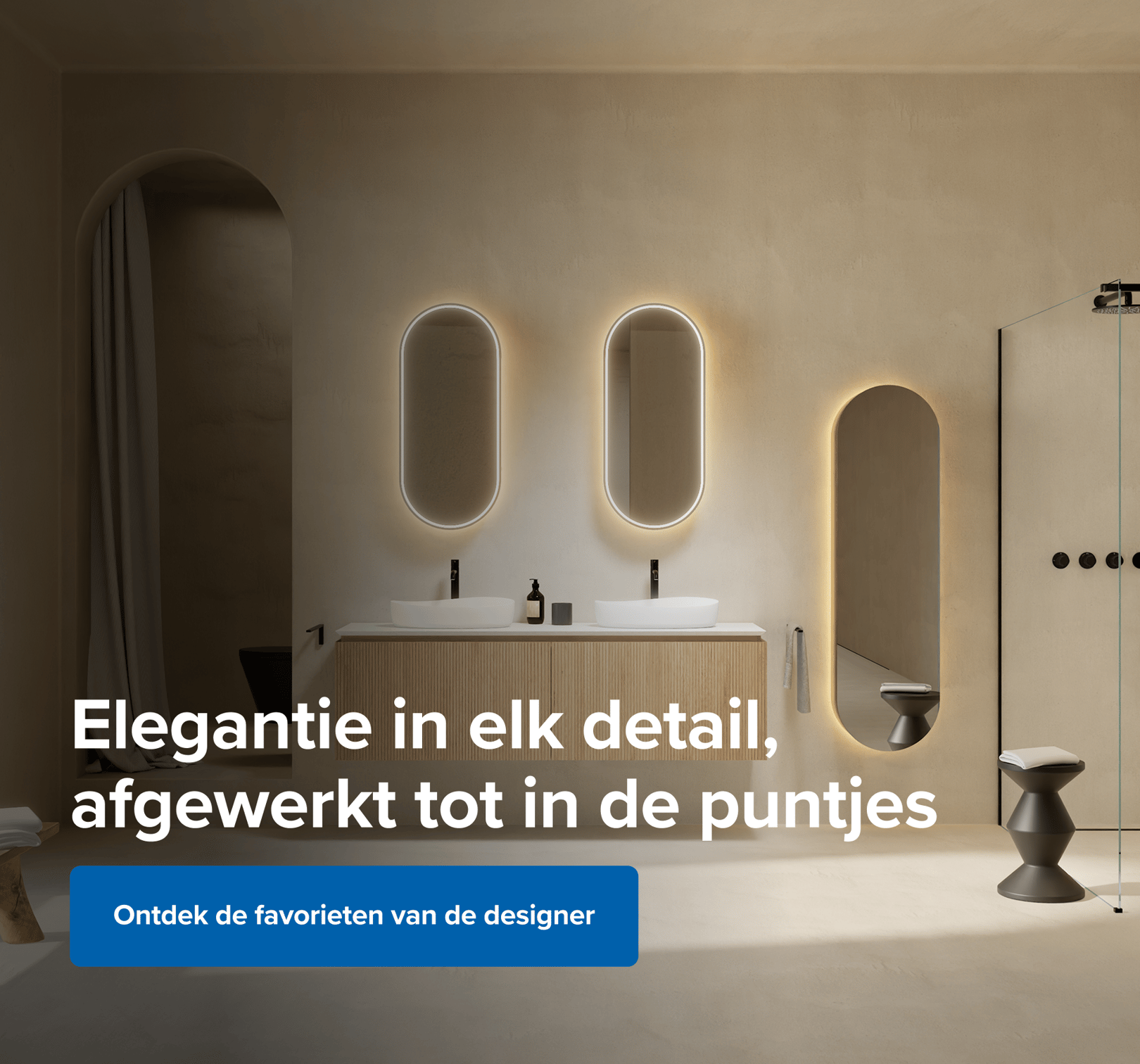 x²o badkamers toont een stijlvolle badkamer met houten hangmeubel en twee witte waskommen. Daarboven hangen verlichte spiegels in ovale vorm. Aan de rechterkant is een moderne inloopdouche zichtbaar met zwarte regendouche en bediening. Links hangt een gordijn en een zwarte toiletpot is gedeeltelijk zichtbaar. In het midden staat de tekst: "Elegant in elk detail, afgewerkt tot in de puntjes."
