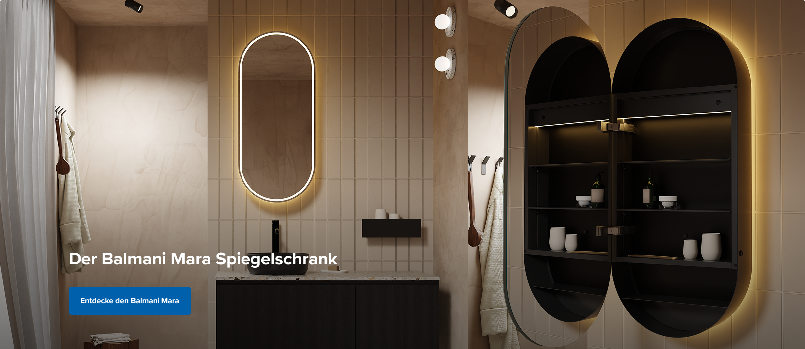 Luxuriöses Badezimmer mit Balmani Mara Spiegelschrank mit LED-Beleuchtung, schwarzem Waschtisch und ovalem Spiegel