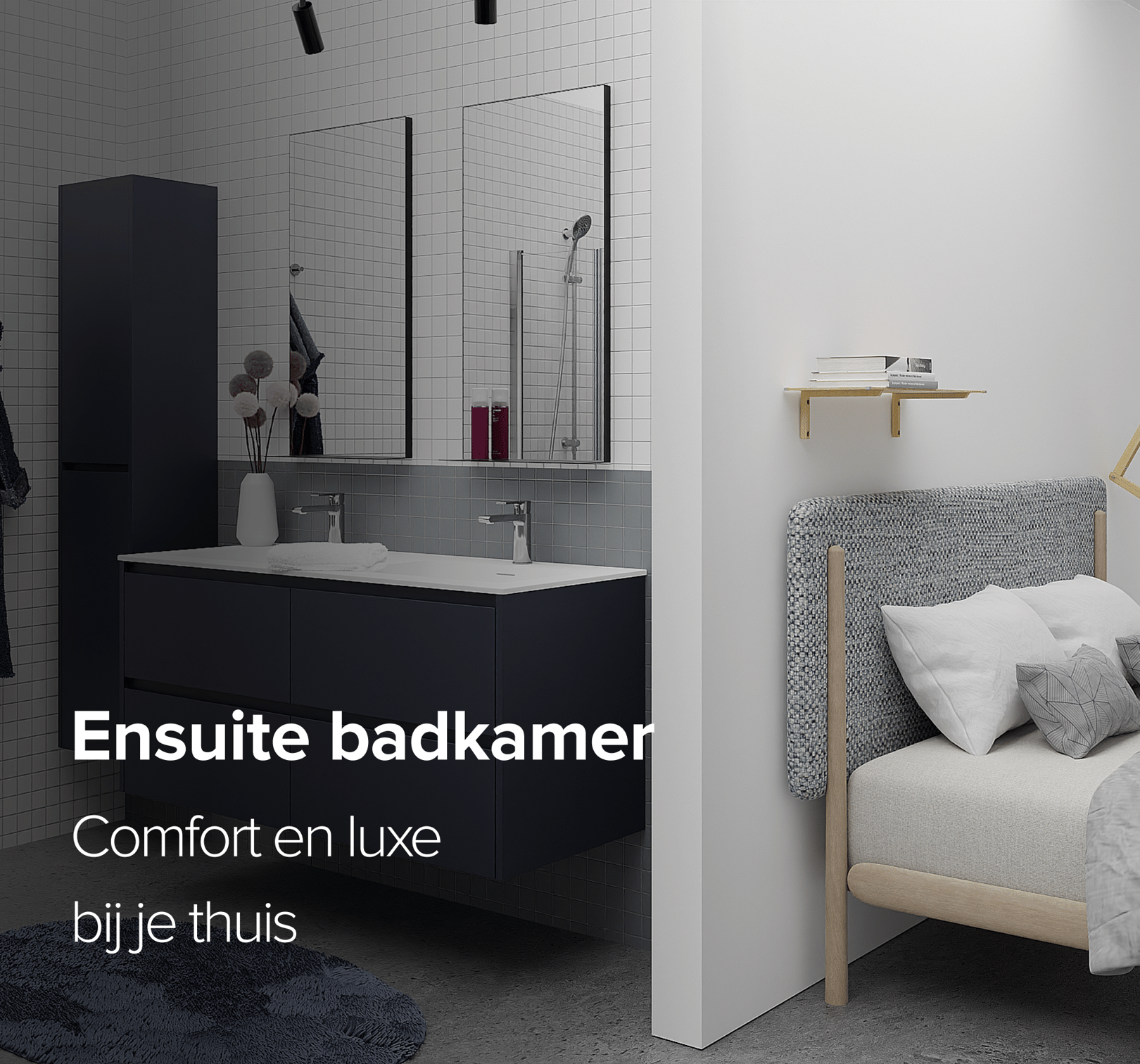 Moderne en-suite badkamer met dubbele wastafel en aansluitende slaapkamer – X²O Badkamers