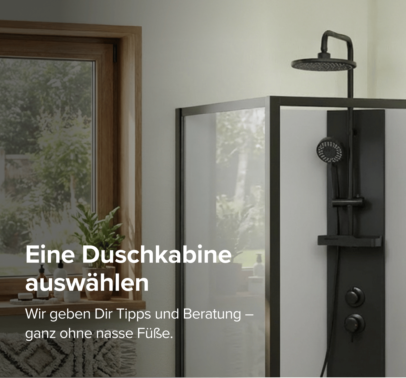 Helles Badezimmer mit Duschkabine von X²O Badezimmer und Blick auf den grünen Garten.