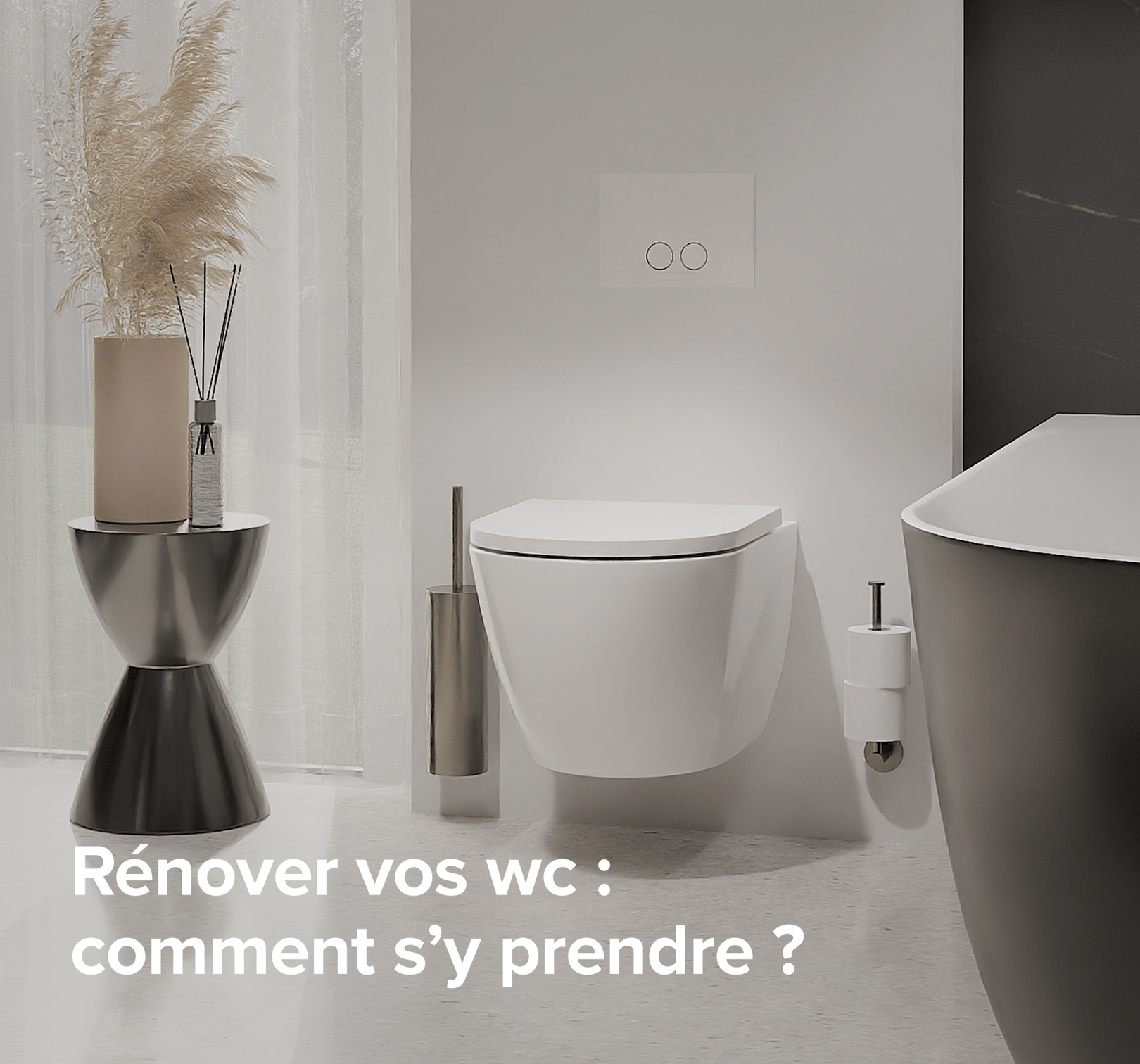 Dans cette scène inspirante de x²o salles de bains, on voit un espace toilettes moderne avec un WC suspendu blanc, un porte-brosse et un porte-papier toilette à côté, ainsi qu’une baignoire îlot au design minimaliste à droite. À gauche, une table décorative avec une bougie et un diffuseur de parfum crée une ambiance chaleureuse. Le texte visible sur l’image est : « Une rénovation de toilettes : comment s’y prendre ? ».