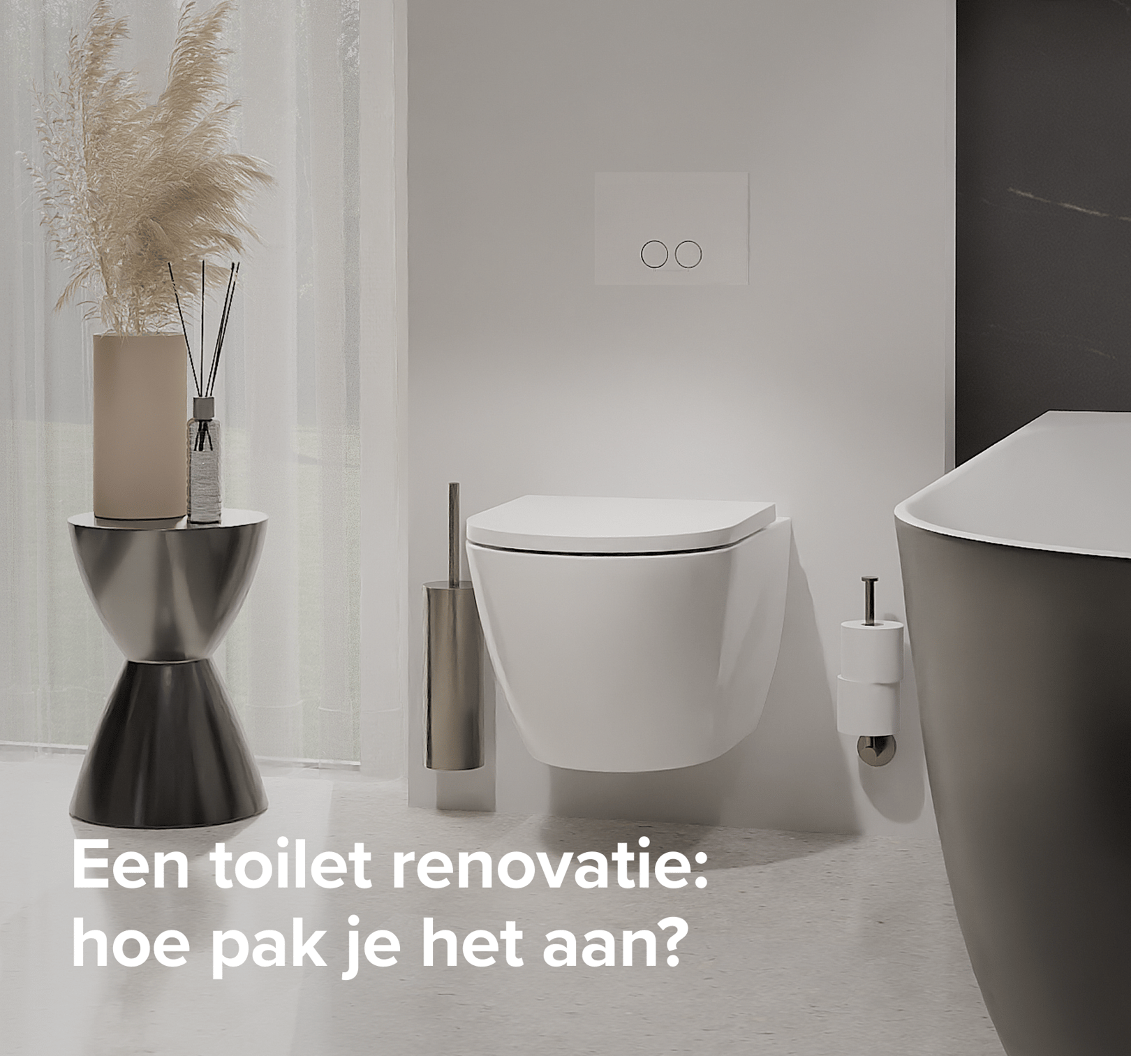 In deze inspirerende scène van x²o badkamers zie je een moderne toiletruimte met een zwevend wandtoilet in wit, een toiletborstelhouder en een toiletrolhouder naast het toilet, en rechts een vrijstaand bad in een minimalistische stijl. Links staat een decoratieve bijzettafel met een kaars en geurverspreider voor een warme sfeer. Op de afbeelding staat de tekst: “Een toilet renovatie: hoe pak je het aan?”.