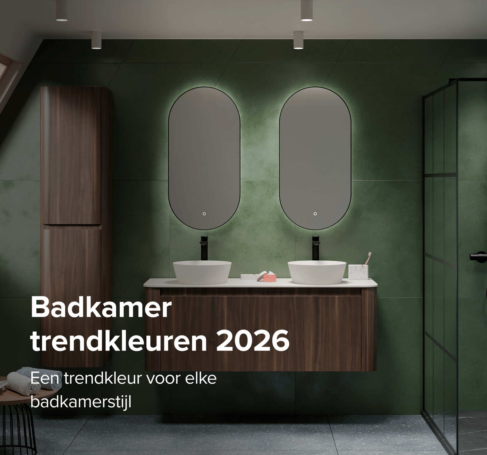 Moderne badkamer in natuurlijke badkamer trendkleuren 2026 met donkergroen tegelwerk, houtaccenten en zwarte accenten. X²O Badkamers inspireert met stijlvolle combinaties.