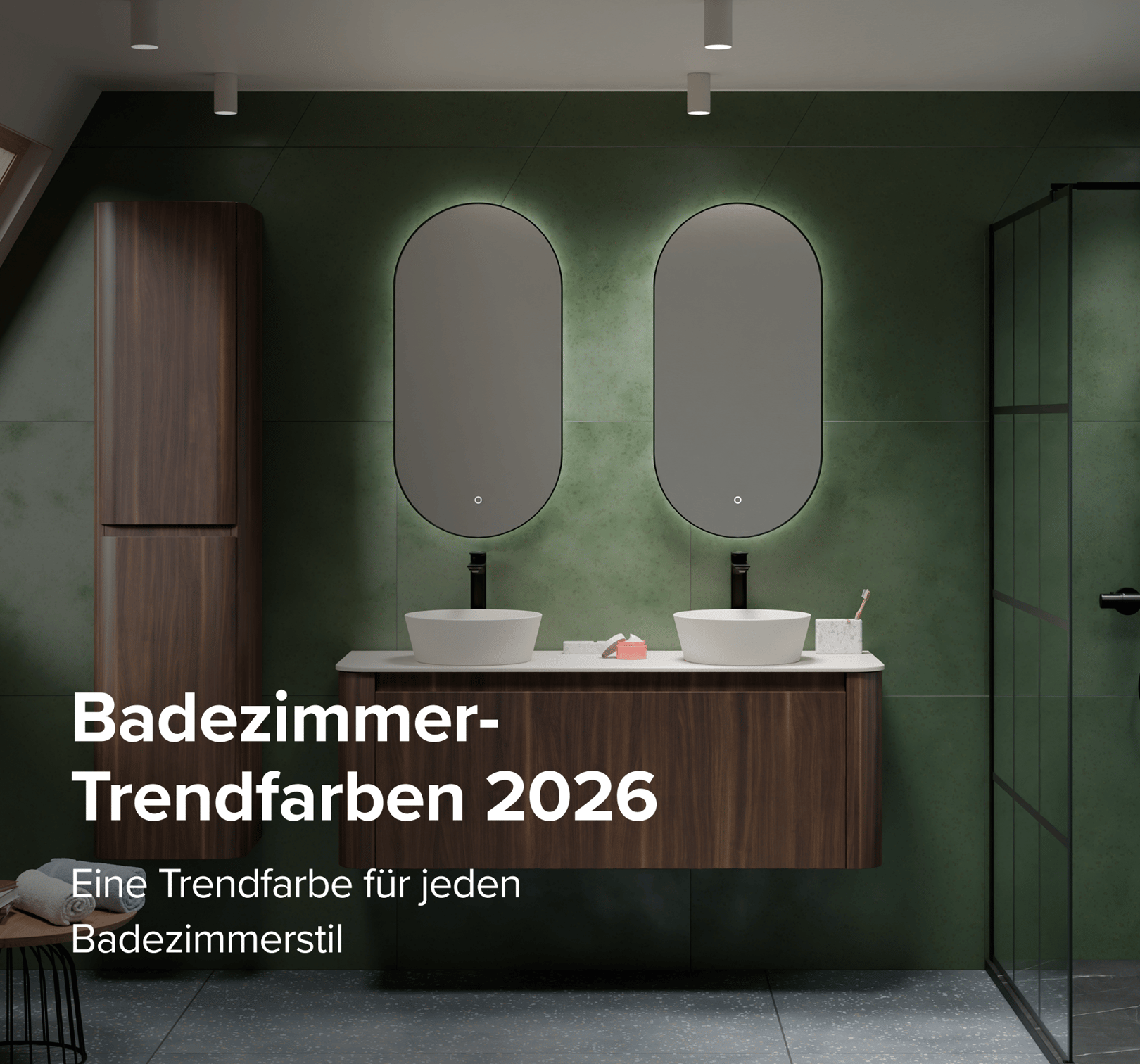 Moderne Badezimmergestaltung mit dunkelgrünen Fliesen, Holzakzenten und schwarzen Elementen – passend zu den Badezimmer Trendfarben 2026. Inspiration bei X²O Badezimmer.