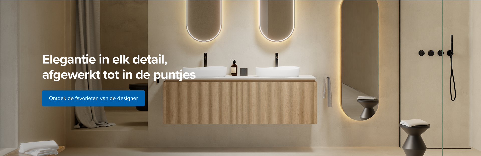 x²o badkamers toont een stijlvolle badkamer met houten hangmeubel en twee witte waskommen. Daarboven hangen verlichte spiegels in ovale vorm. Aan de rechterkant is een moderne inloopdouche zichtbaar met zwarte regendouche en bediening. Links hangt een gordijn en een zwarte toiletpot is gedeeltelijk zichtbaar. In het midden staat de tekst: "Elegant in elk detail, afgewerkt tot in de puntjes."