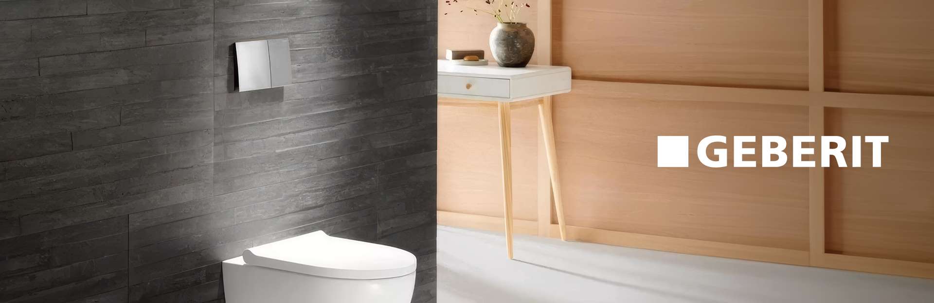 Modernes Badezimmer von x²o Badezimmer mit Geberit Hänge-WC, Holzakzenten und Geberit-Logo.