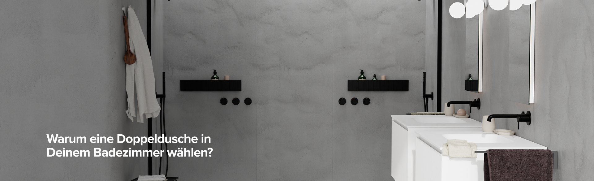Modernes Badezimmer von x²o Badezimmer mit Doppeldusche, schwarzen Duschköpfen und deutschem Titeltext über doppelte Duschen.