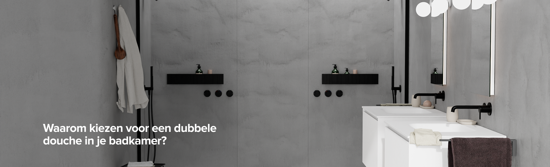 Moderne dubbele douche van x²o badkamers met twee douchezones, zwarte details en Nederlandse titeltekst over een dubbele douche in de badkamer.