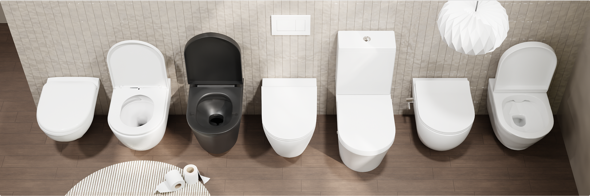 Übersicht mehrerer wandhängender Tiefspül-WCs in glänzend Weiß, Mattweiß und Mattschwarz sowie eines Stand-WCs, aufgestellt vor einer hell gefliesten Wand auf Holzboden im Showroom von x²o Badezimmer.