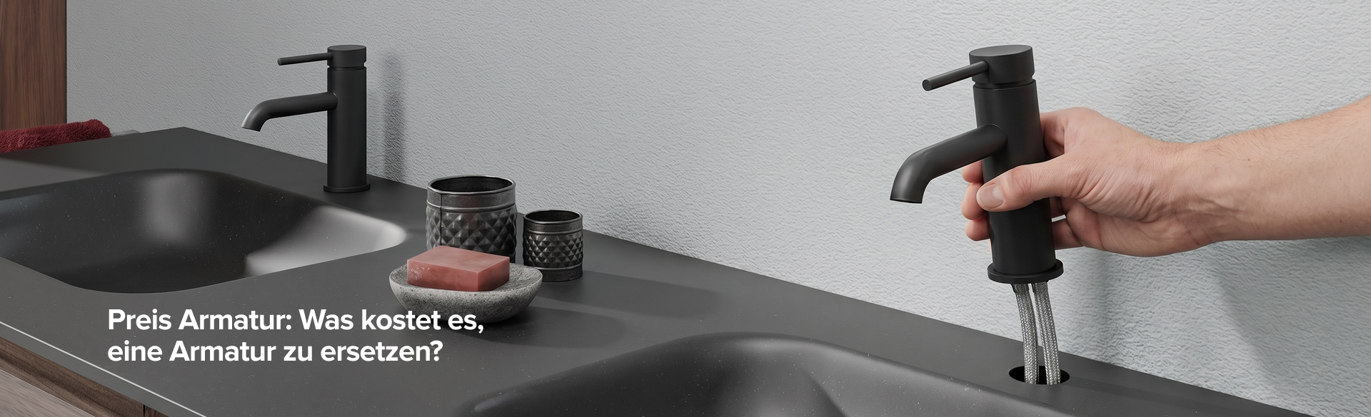 Bild von x²o Badezimmer, das eine Hand zeigt, die einen schwarzen Wasserhahn über einer Spüle austauscht, verwendet als Headerbild für einen Blog über das Ersetzen eines Wasserhahns.