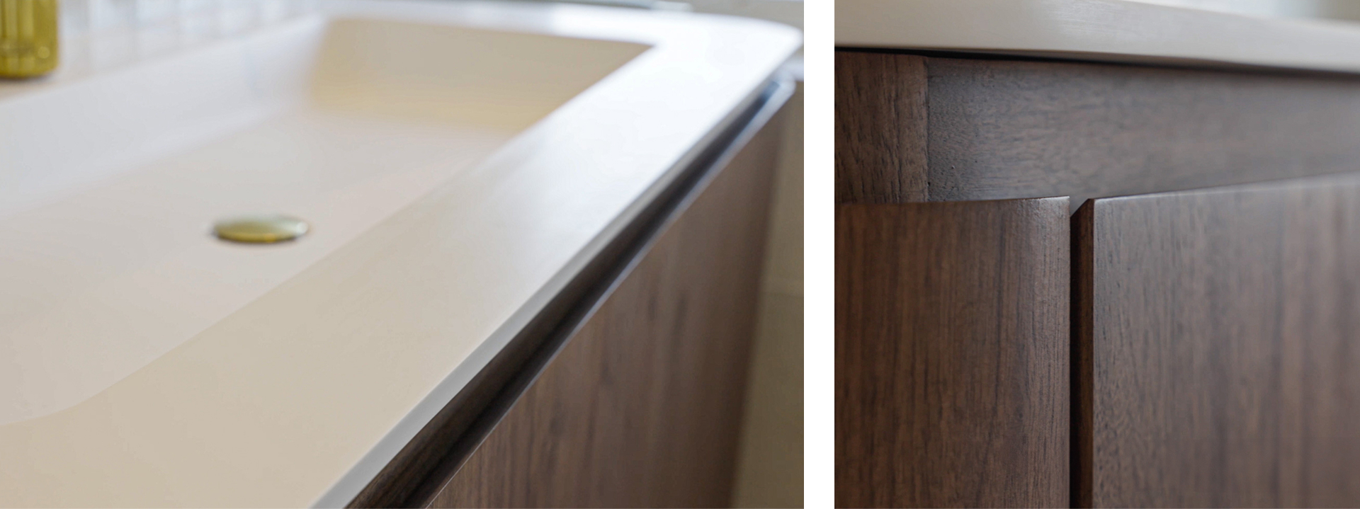 Close-up van een witte wastafel met afgeronde hoeken en een donker houten badkamermeubel met afgerond kastfront. Gemaakt door x²o badkamers.