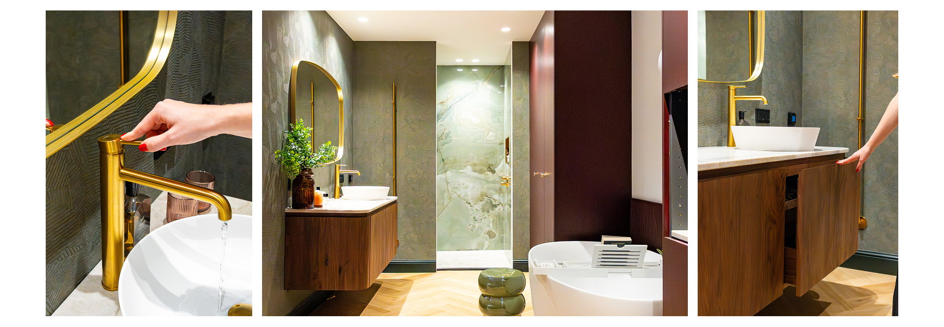 Op deze x²o badkamers foto zie je een overzicht van de hele badkamer ensuite: links de houten wastafel met spiegel en decoratie, rechts de inloopdouche met groene marmerlook, een kast met donkere panelen en vooraan een modern vrijstaand bad.
