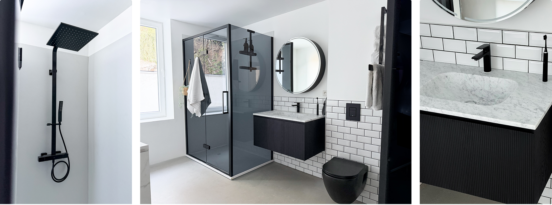 Begehbare Dusche von x²o Badezimmer mit schwarzer Armatur, Glaswand und industriellem Stil mit weißen Fliesen.