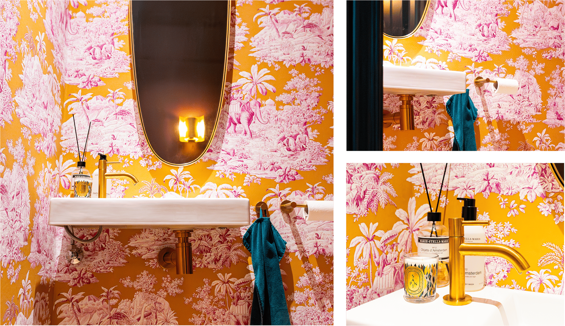 Close-up van een wastafel in de x²o badkamers stijl, met gouden kraan en sifon, voor een luxueuze toets tegen het kleurrijke behang.