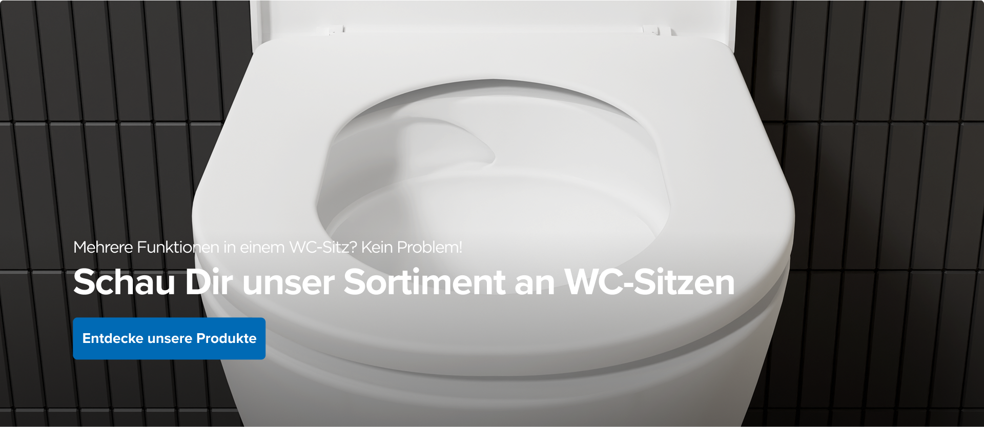 Nahaufnahme eines weißen WC-Sitzes mit dem Text „Mehrere Funktionen in einem WC-Sitz? Kein Problem!“ und einem blauen Button. Schau Dir das Sortiment von x²o badkamers an.