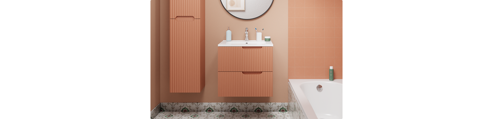 Une salle de bains chaleureuse avec des carreaux muraux terracotta, un meuble assorti avec des rainures verticales, une baignoire blanche et un sol ornementé. Une combinaison de style et de fonctionnalité propre aux salles de bains x²o.