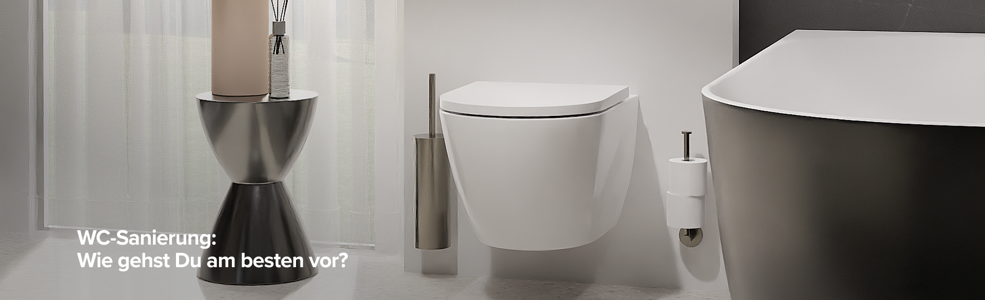 In dieser inspirierenden Szene von x²o Badezimmer siehst du einen modernen Toilettenbereich mit einem wandhängenden weißen WC, einer Toilettenbürste und einem Toilettenpapierhalter daneben sowie rechts eine freistehende Badewanne im minimalistischen Design. Links steht ein dekorativer Beistelltisch mit Kerze und Duftspender für eine warme Atmosphäre. Auf dem Bild steht der Text: „Een toilet renovatie: hoe pak je het aan?“.