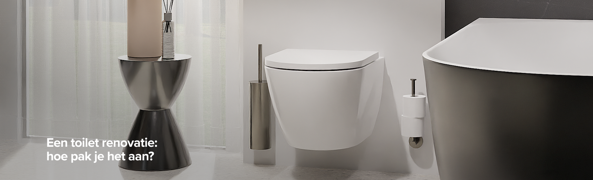In deze inspirerende scène van x²o badkamers zie je een moderne toiletruimte met een zwevend wandtoilet in wit, een toiletborstelhouder en een toiletrolhouder naast het toilet, en rechts een vrijstaand bad in een minimalistische stijl. Links staat een decoratieve bijzettafel met een kaars en geurverspreider voor een warme sfeer. Op de afbeelding staat de tekst: “Een toilet renovatie: hoe pak je het aan?”.