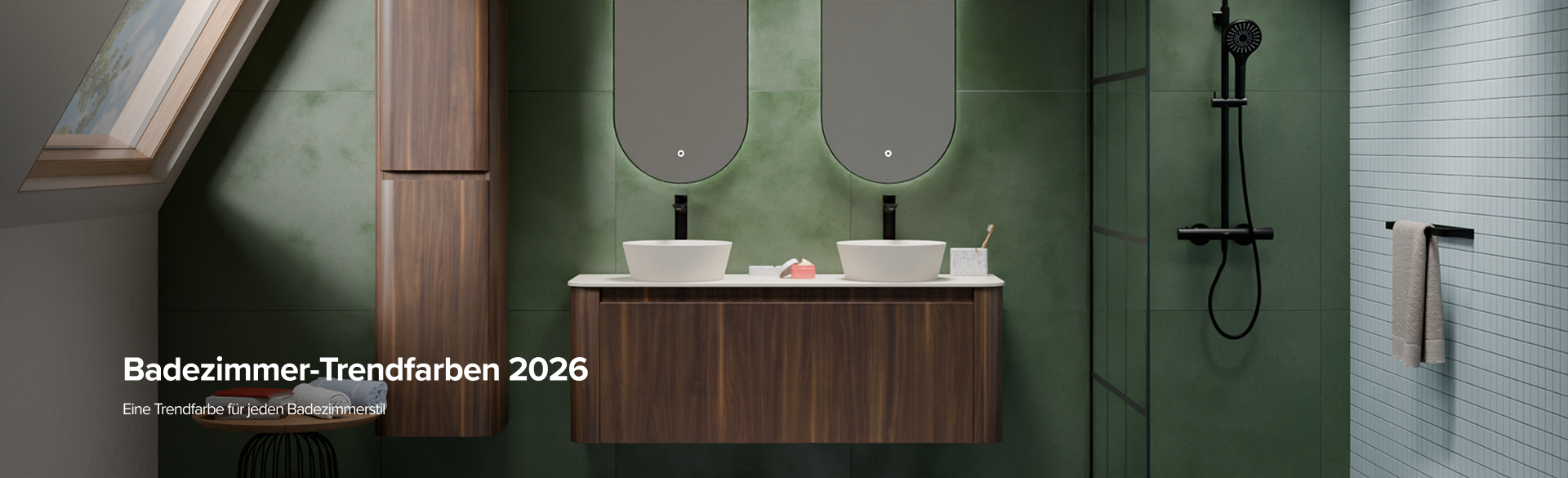 Moderne Badezimmergestaltung mit dunkelgrünen Fliesen, Holzakzenten und schwarzen Elementen – passend zu den Badezimmer Trendfarben 2026. Inspiration bei X²O Badezimmer.