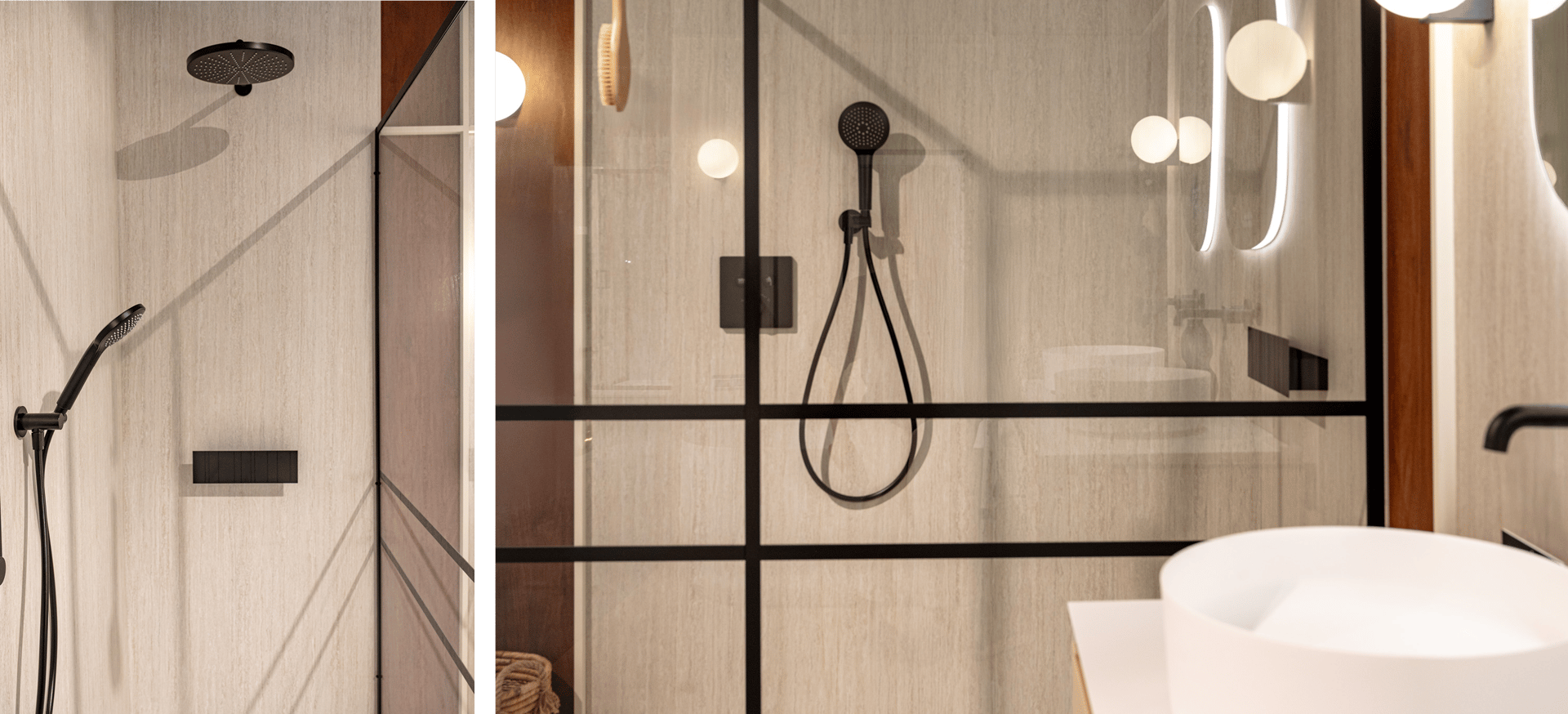 Image de détail d’une douche x²o salles de bains avec douche pluie noire et douchette, installées sur un mur clair à texture subtile.