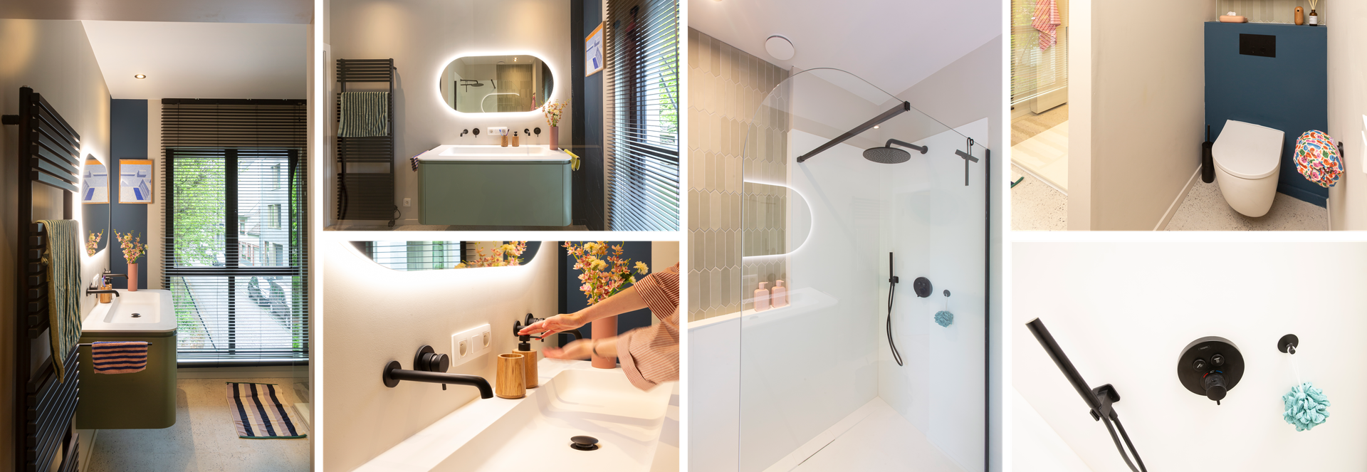 Een collage van moderne badkamerdetails, waaronder douche, meubel, toilet en accessoires, elk in harmonie met het totaalkarakter van x²o badkamers.