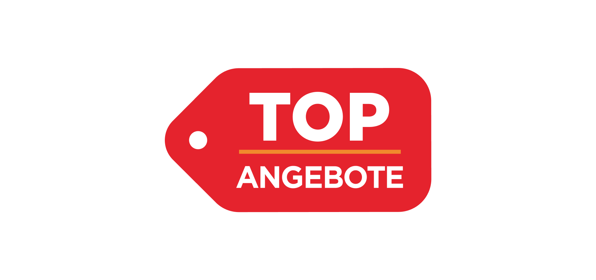 Du siehst ein rotes Preisschild auf schwarzem Hintergrund mit der weißen Aufschrift „TOP ANGEBOTE“ und einer feinen gelben Linie. Das Label hebt besonders attraktive Angebote von x²o Bad hervor