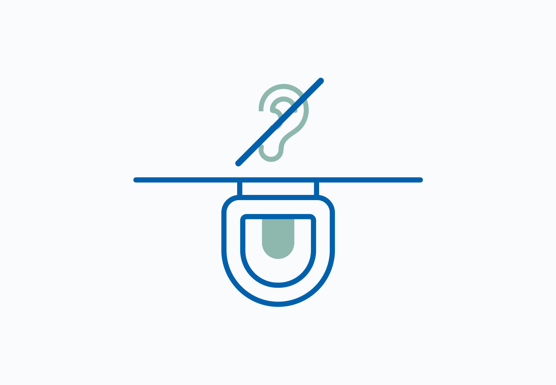 Pictogramme montrant un WC suspendu vu de dessus avec une oreille barrée, symbolisant une chasse d’eau silencieuse. Chez x²o salles de bains, cette icône indique un système de rinçage discret.