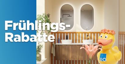Werbebanner mit blauem Seitenfeld und dem Text „Frühlings-Rabatte“ neben einem Badezimmer mit Holzwaschtisch, abgerundeten Spiegeln und gelber Enten-Maskottchenfigur, Kampagnenbild von x²o Badezimmer.