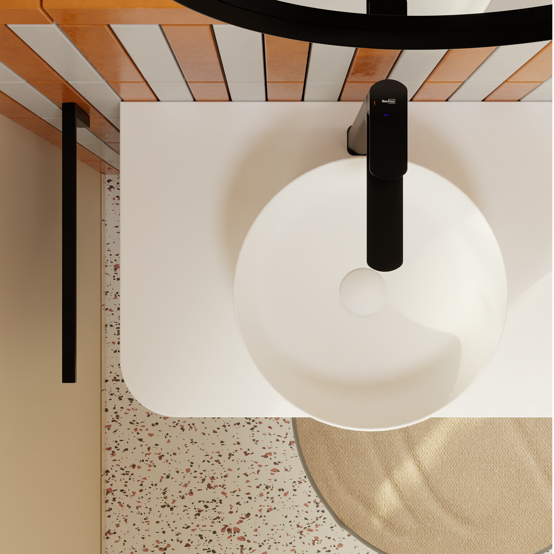 Ronde moderne wastafel op een wit meubel met zwarte kraan, van bovenaf gezien, met terrazzo vloer en beige badmat in een stijlvolle en warme ruimte x²o badkamers