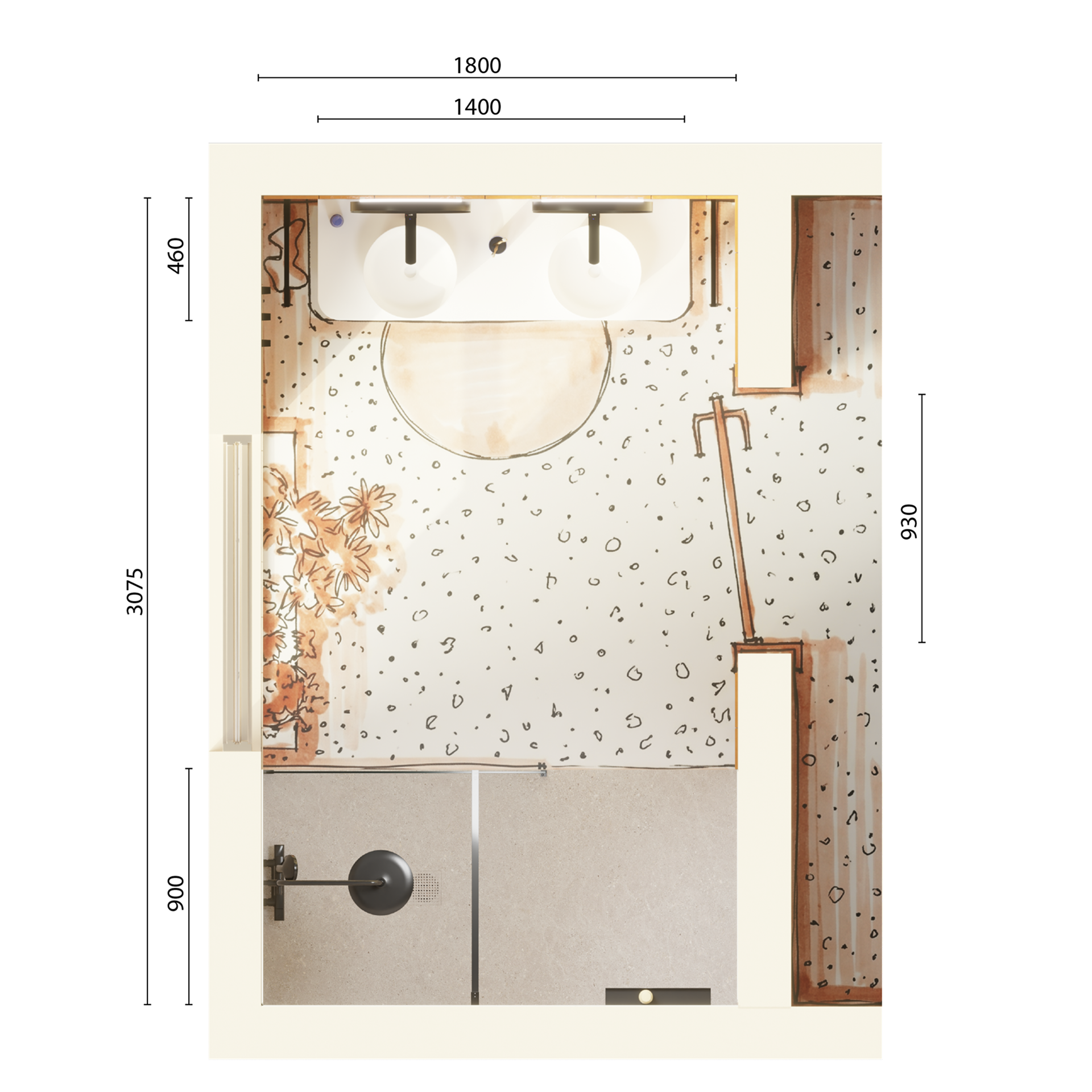 Bovenaanzicht van badkamerindeling met dubbele wastafel, douche, toilet en afmetingen in plattegrondstijl in x²o badkamers