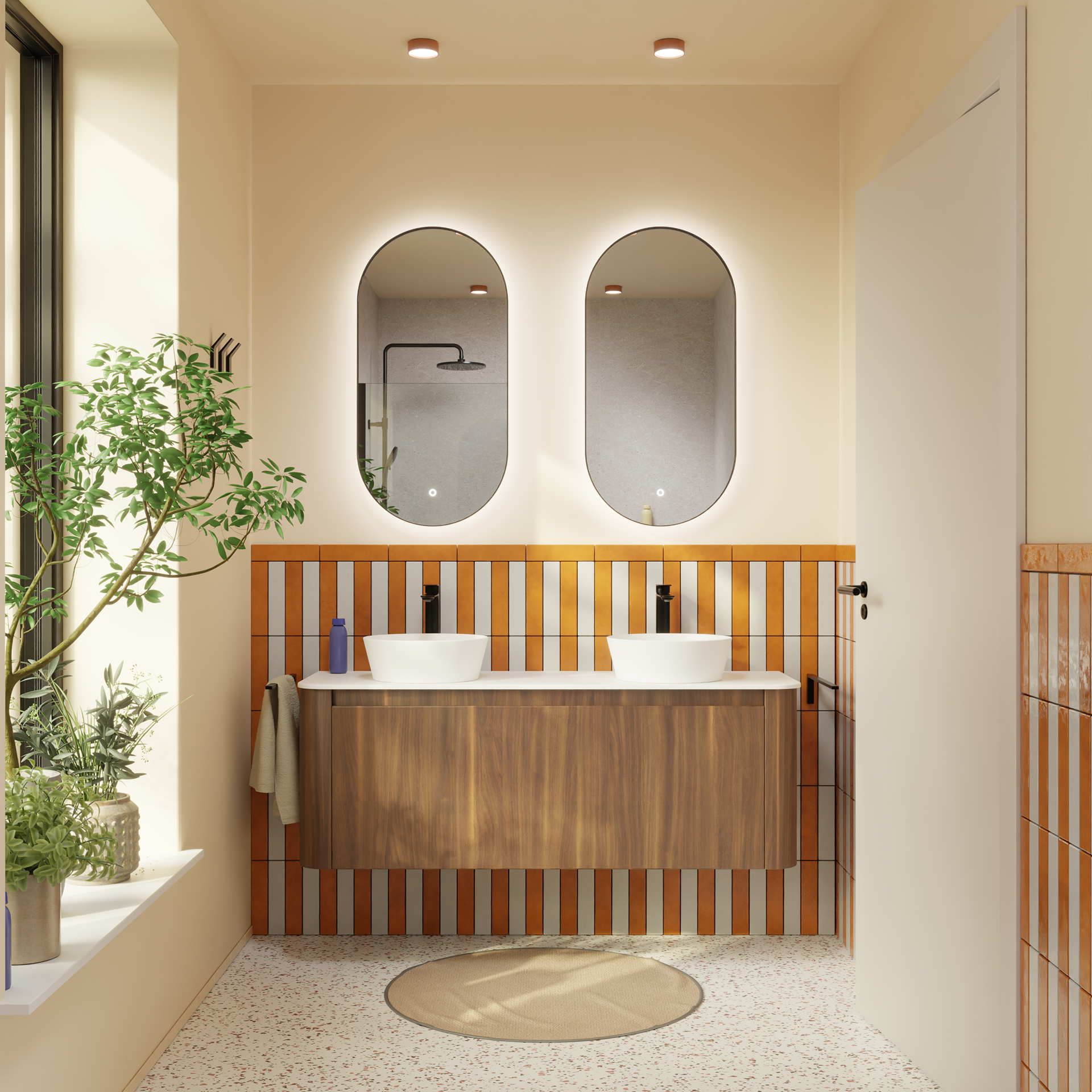 Badkamer met houten wastafelmeubel, twee opbouwkommen, ovale spiegels met verlichting en verticale lattenwand in warme tinten in x²o badkamers