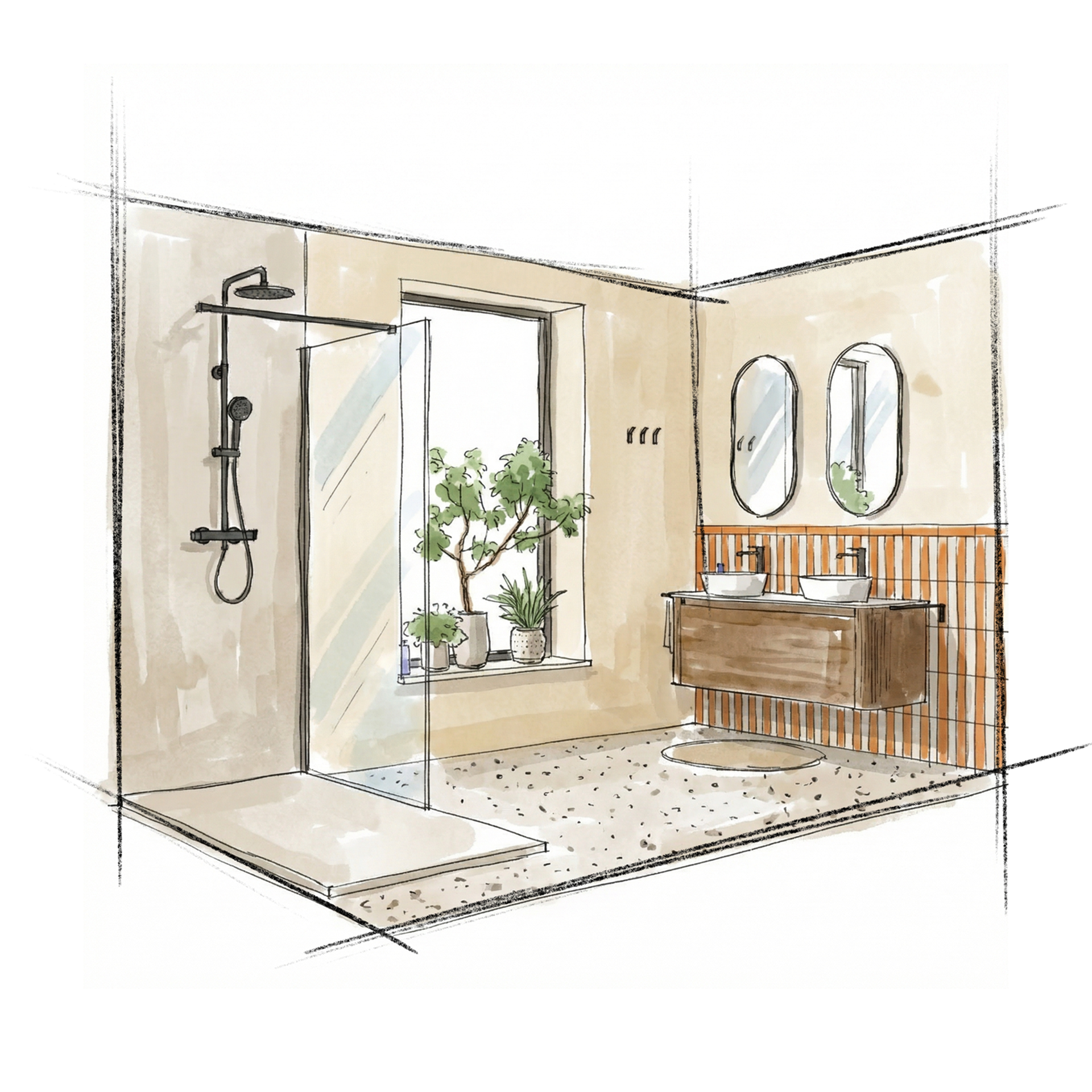 Schets van badkamer met inloopdouche, glazen wand, raam met planten en houten wastafelmeubel met dubbele waskommen en ovale spiegels in x²o badkamers