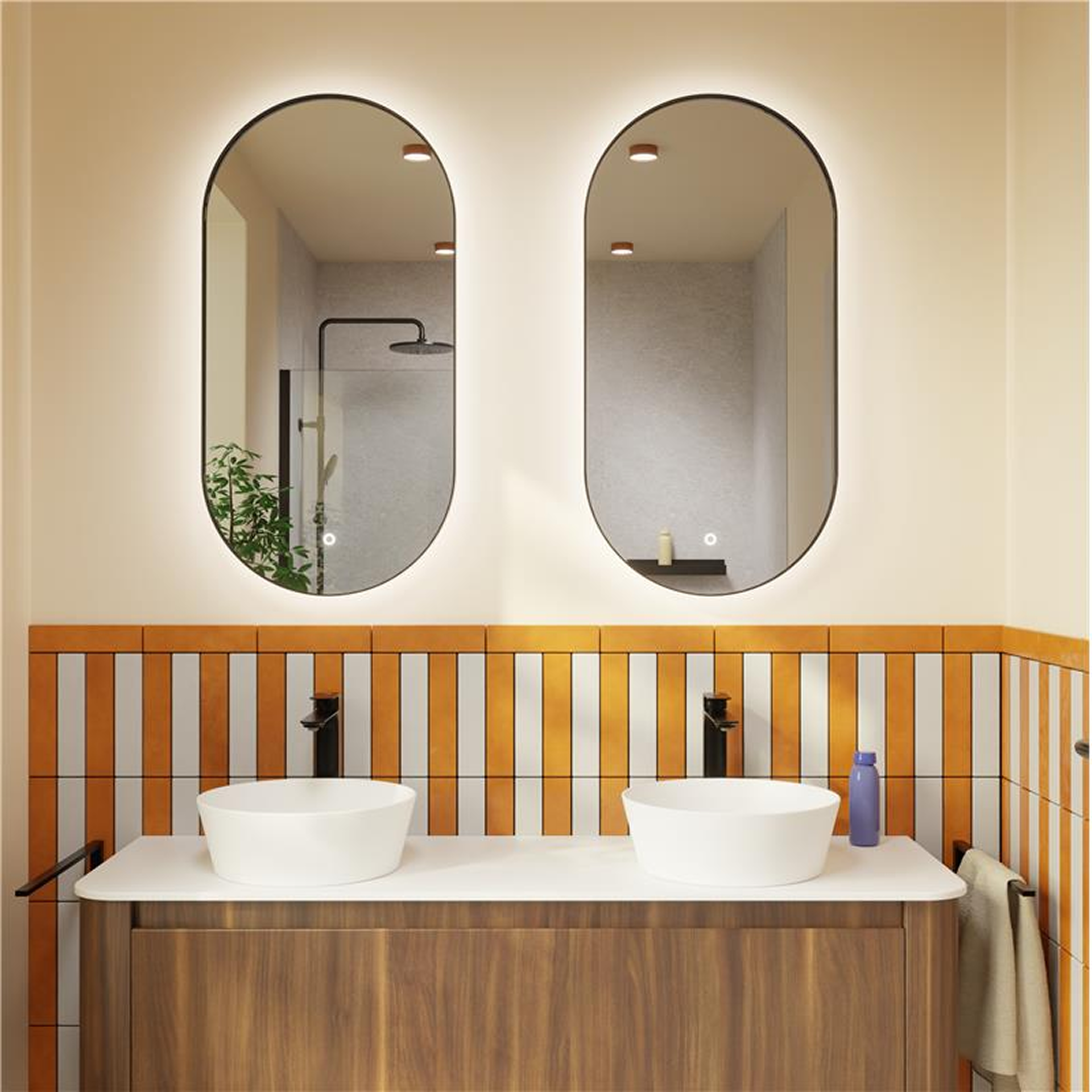 Badkamer met houten wastafelmeubel, twee opbouwkommen, ovale spiegels met verlichting en verticale lattenwand in warme tinten in x²o badkamers