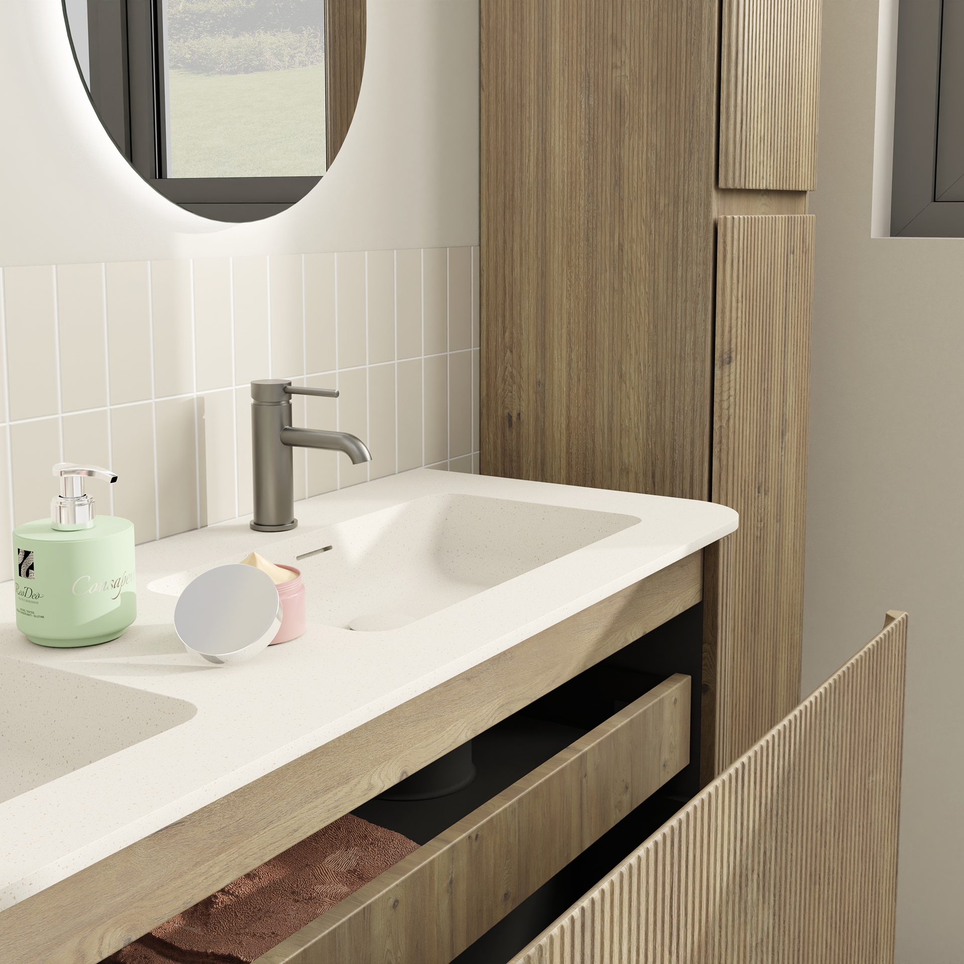 Witte dubbele wastafel met kraan, accessoires en open lade in houten badkamermeubel naast kast in x²o badkamers