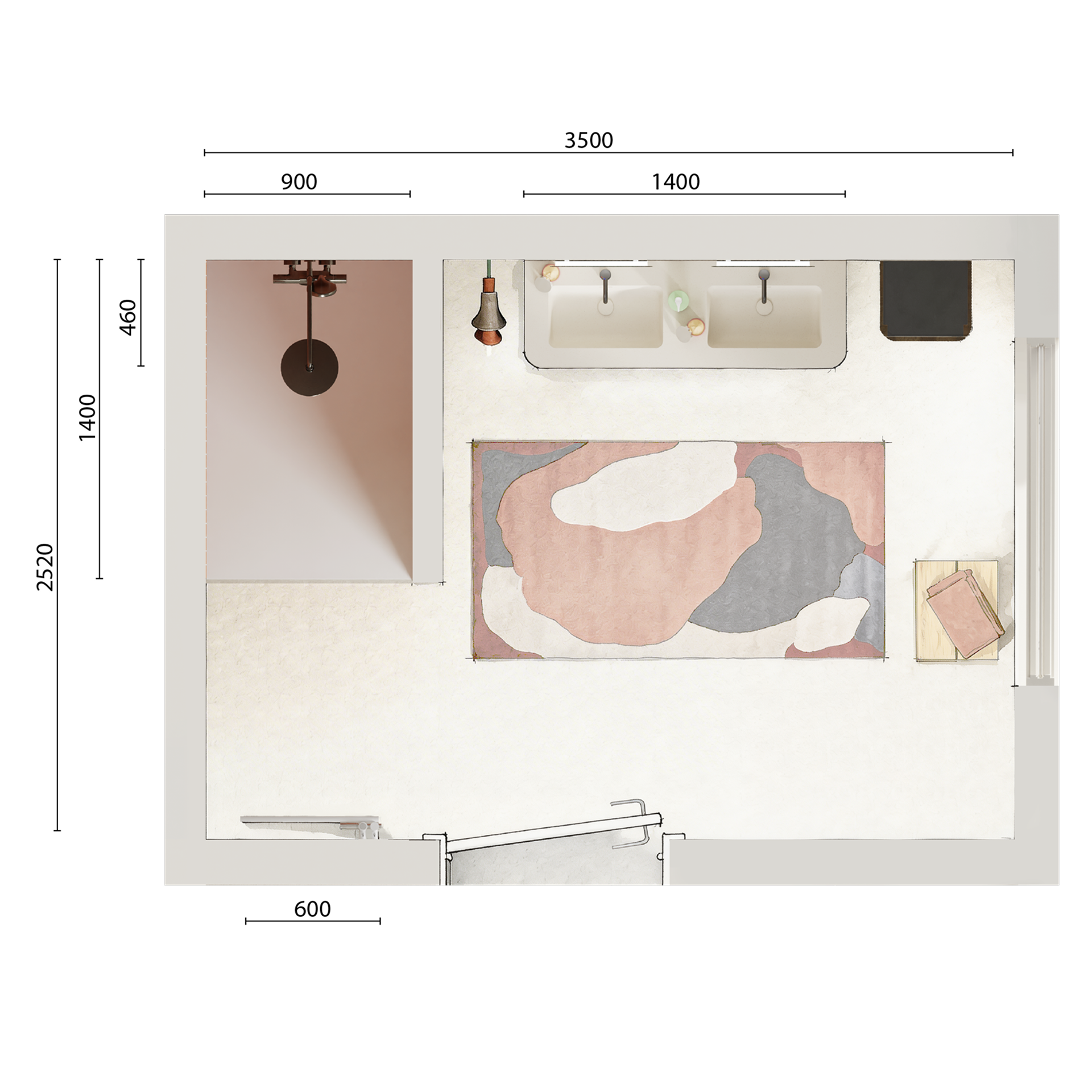 Bovenaanzicht van badkamerplattegrond met douchezone, dubbele wastafel, tapijt en maatlijnen in x²o badkamers