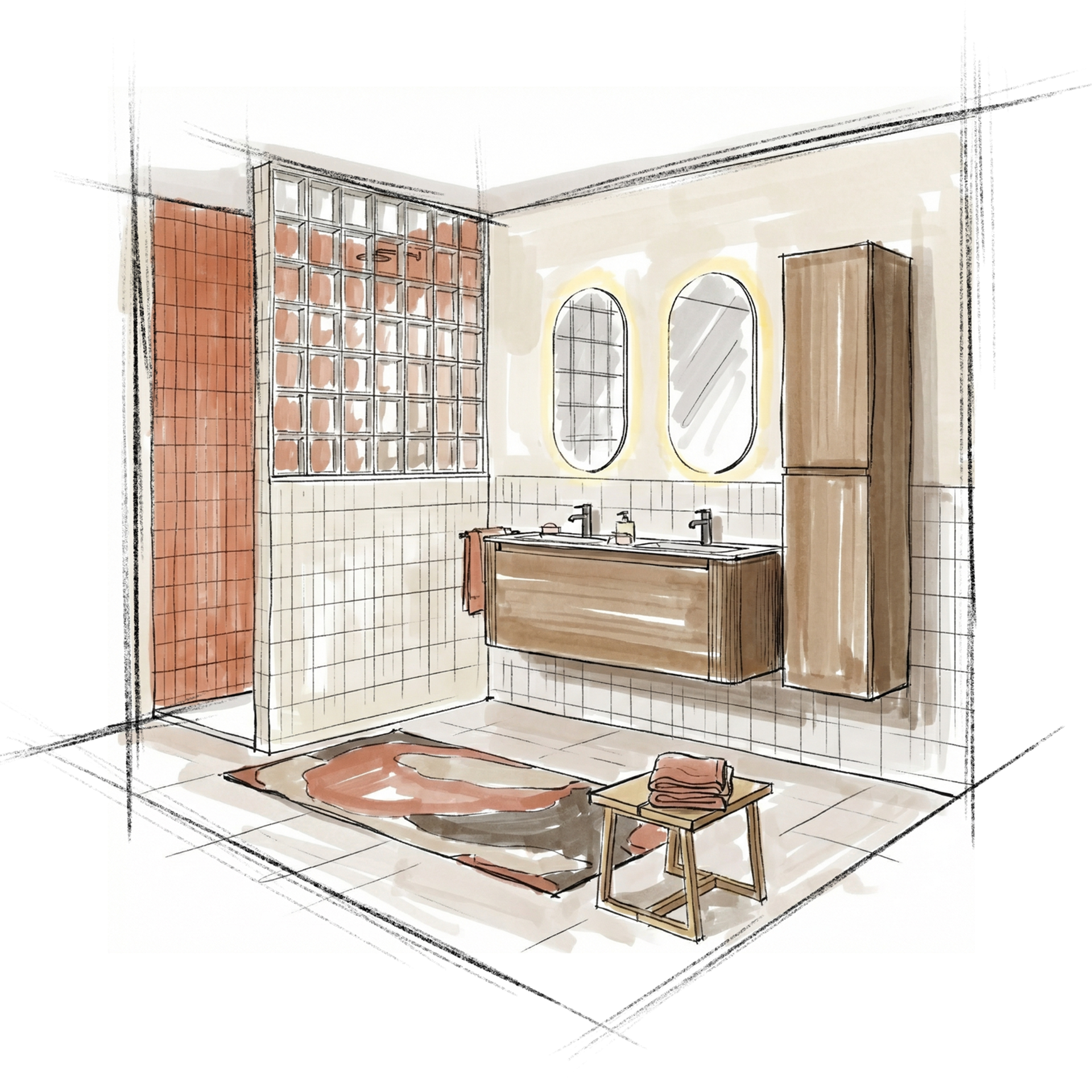 Schets van badkamer met inloopdouche, glazen blokwand, houten wastafelmeubel met dubbele kraan, ovale spiegels en kast in x²o badkamers