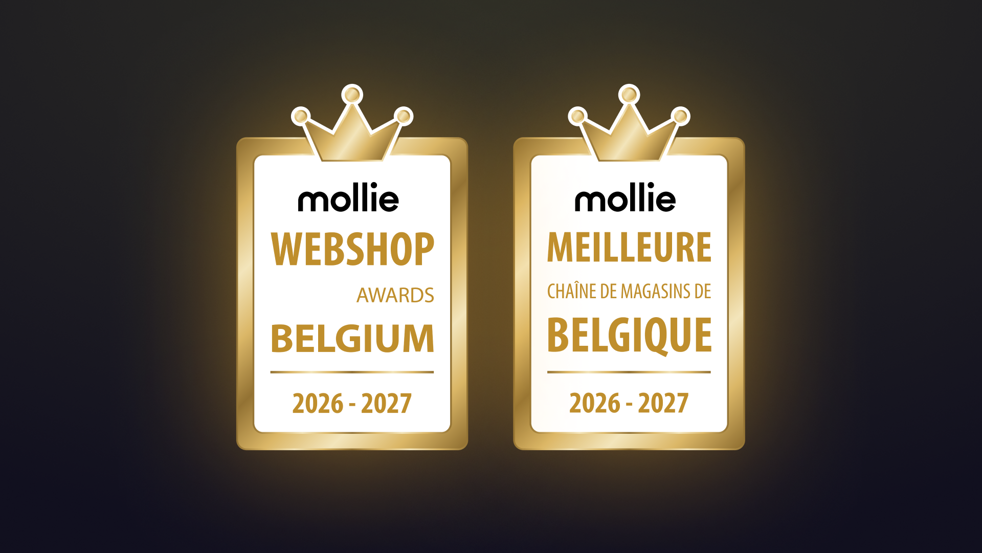 Deux distinctions dorées des Mollie Awards Belgium 2026–2027 avec symbole de couronne, mentionnant webshop et meilleure chaîne de magasins, illustrant une reconnaissance prestigieuse de qualité et de satisfaction client – X²O salles de bains