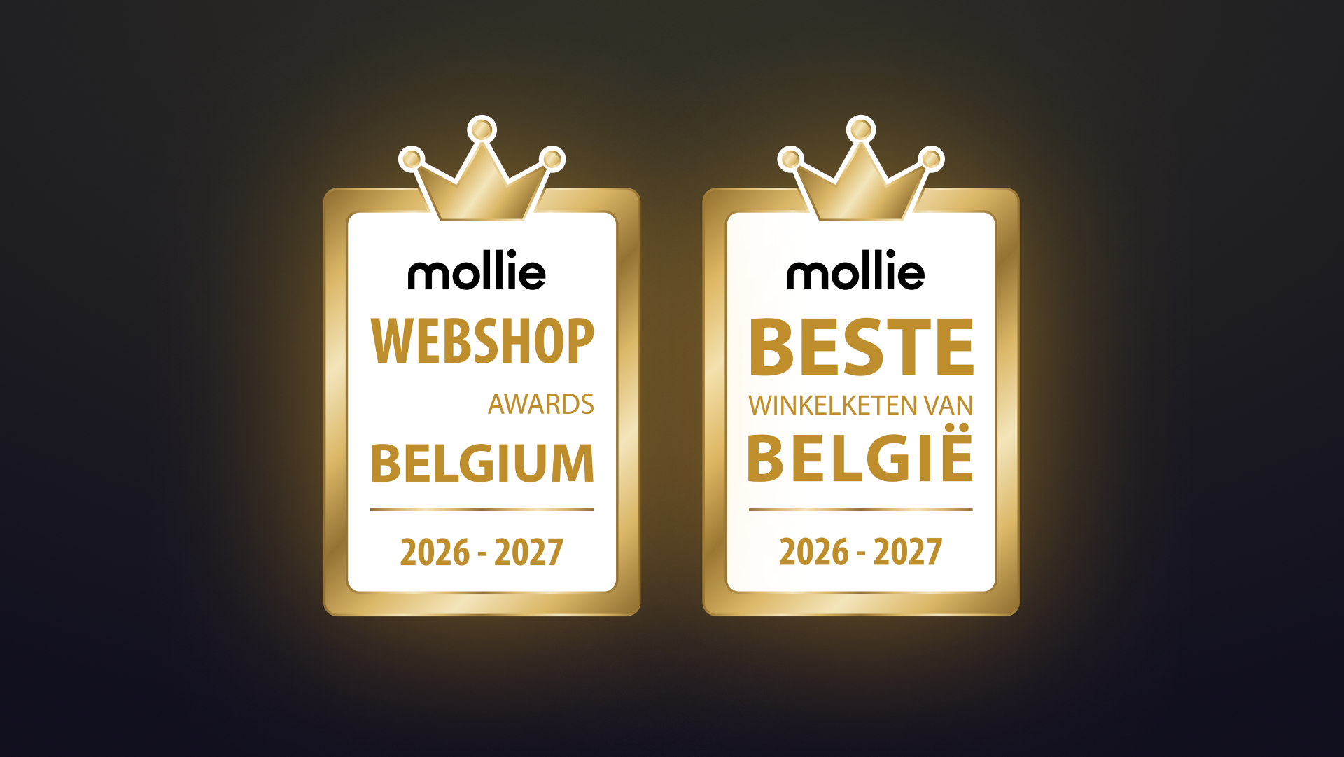 Twee gouden onderscheidingen van de Mollie Awards Belgium 2026–2027 met kroonsymbool, met vermelding van webshop en beste winkelketen van België, weergegeven als een prestigieuze erkenning voor prestaties en klanttevredenheid – X²O badkamers