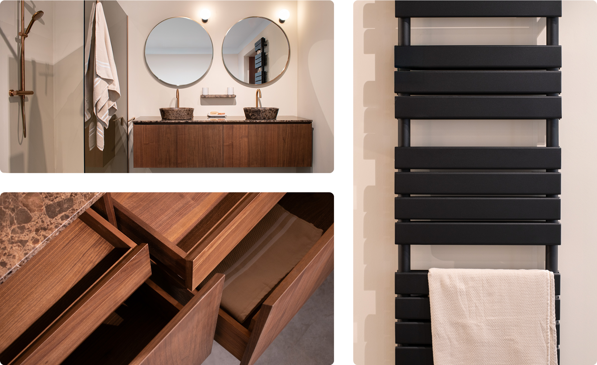 Zwarte handdoekradiator met opgehangen lichte handdoek. Detail van open schuifladen in een houten badkamermeubel.