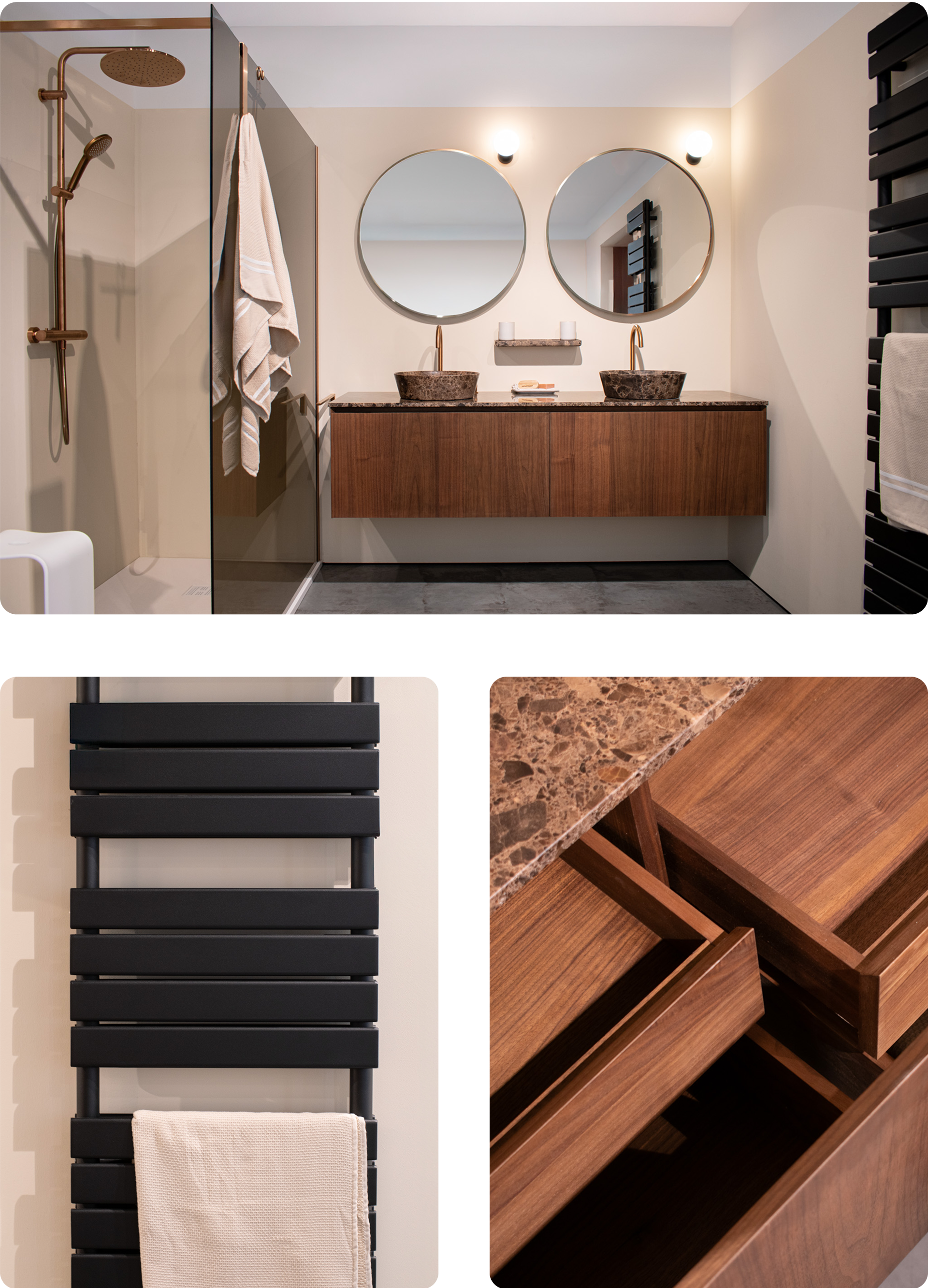 Zwarte handdoekradiator met opgehangen lichte handdoek. Detail van open schuifladen in een houten badkamermeubel.