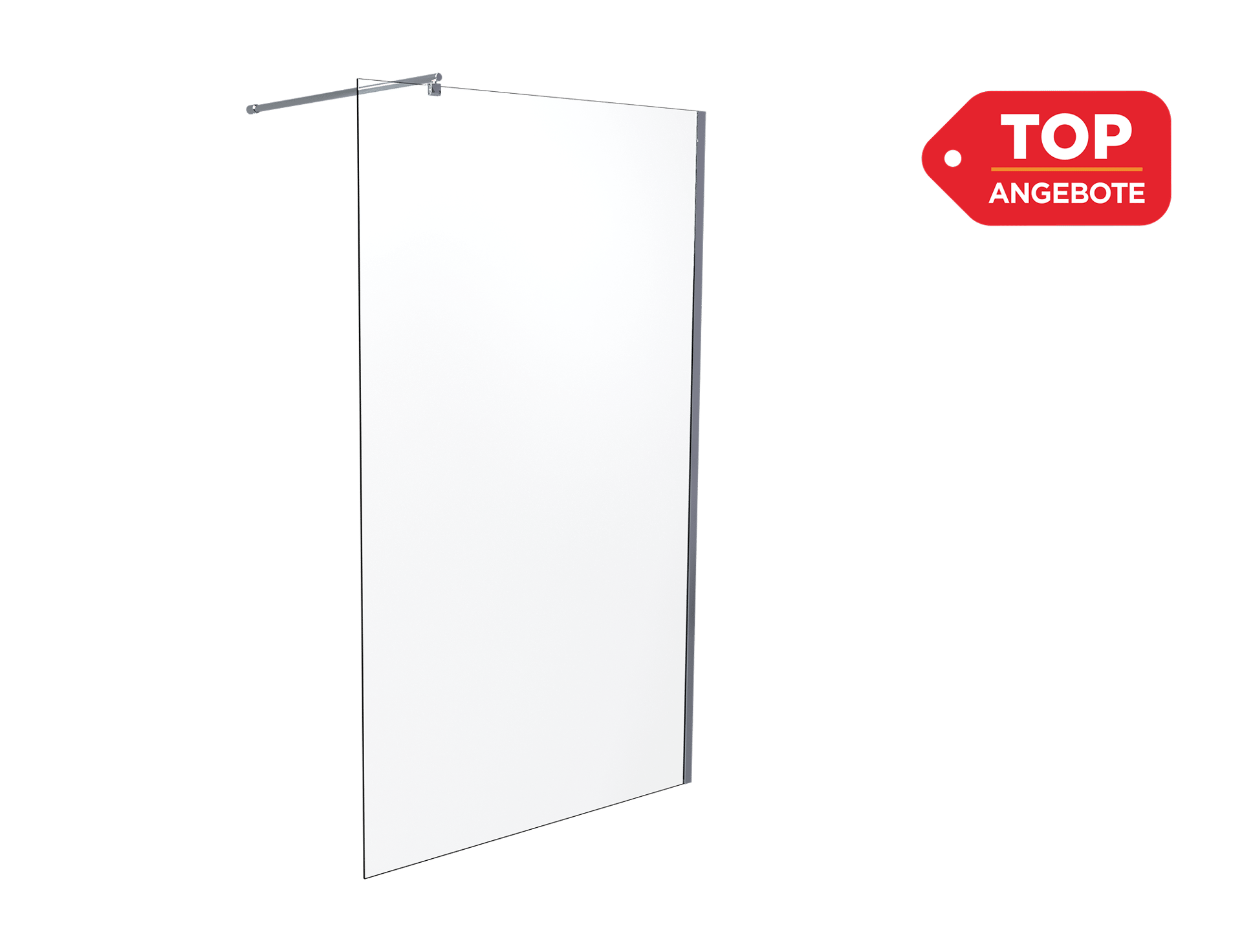 In dieser Produktabbildung von x²o Badezimmer siehst du eine minimalistische Duschwand aus mattem oder leicht getöntem Glas mit einer schlanken metallischen Stabilisierungsstange oben, dargestellt vor einem schwarzen Hintergrund, sodass Form und Verarbeitung gut sichtbar sind, rechts ergänzt durch ein rotes Label mit der Aufschrift „Top Angebote“, das auf einen besonders günstigen Preis hinweist.