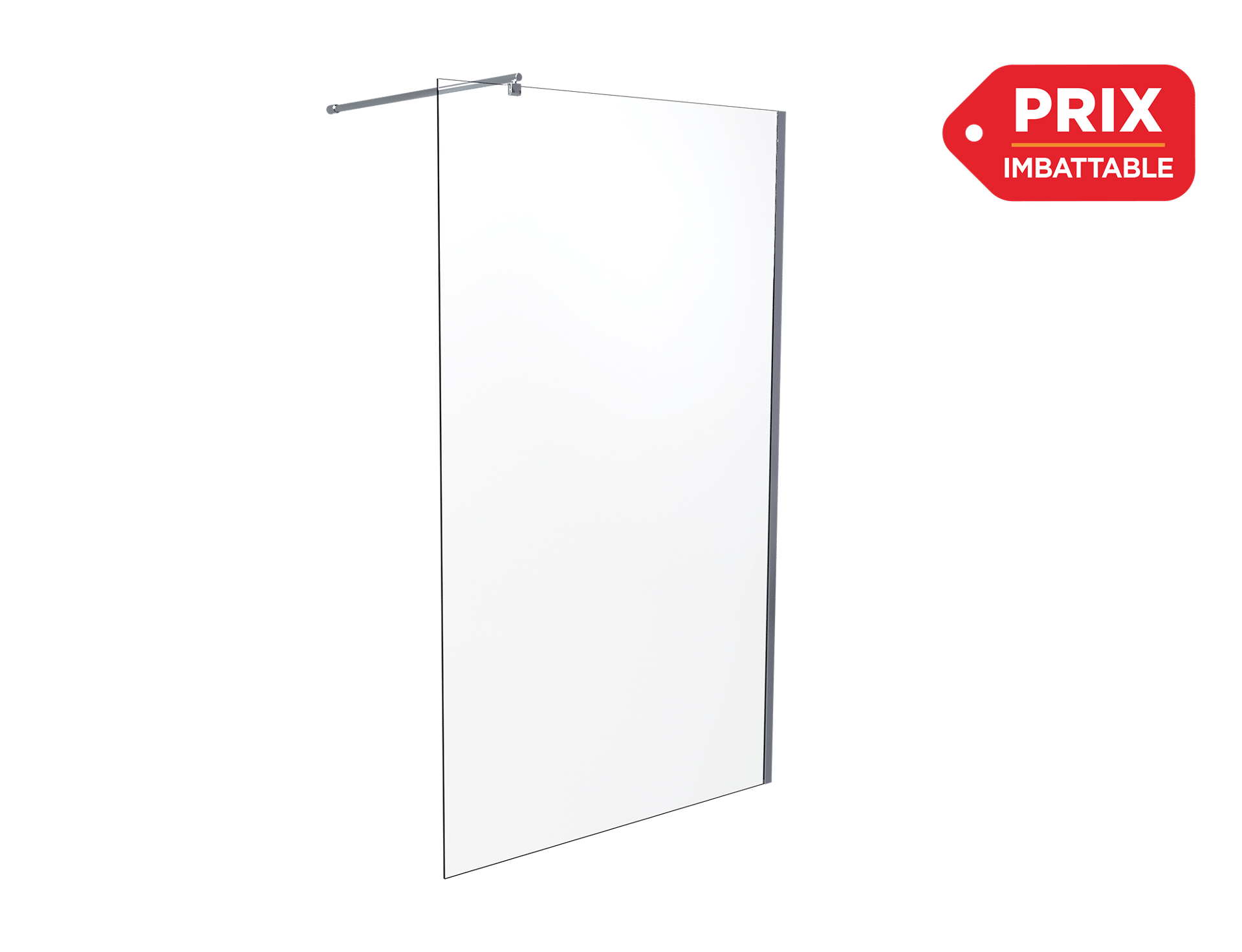 Dans cette image produit de x²o salles de bains, on voit une paroi de douche minimaliste en verre mat ou légèrement teinté avec une barre de stabilisation métallique fine en haut, présentée sur un fond noir pour bien mettre en valeur sa forme et sa finition, avec à droite une étiquette rouge indiquant « Prix imbattable» pour signaler une offre avantageuse.
