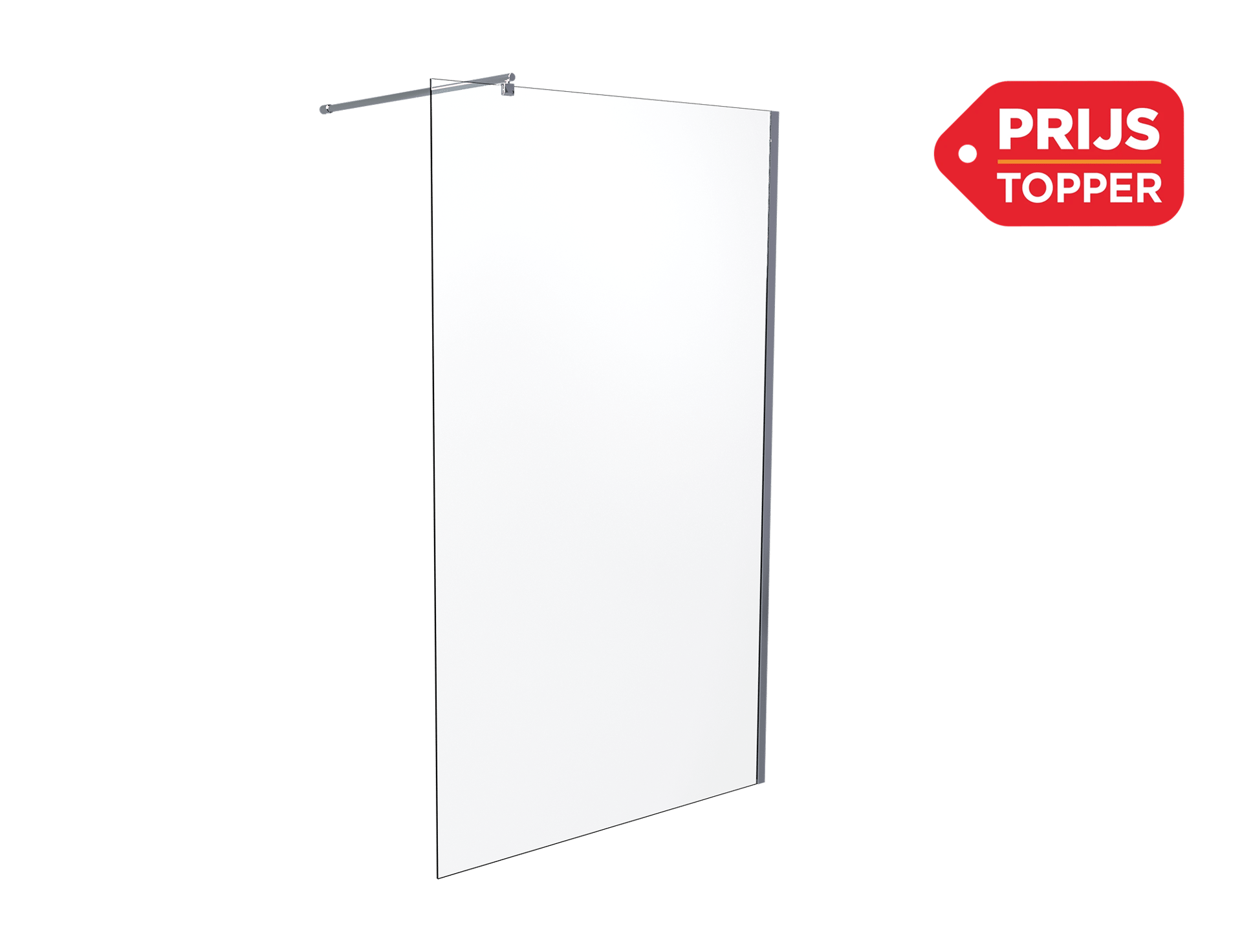 In deze productafbeelding van x²o badkamers zie je een minimalistische douchewand van mat of licht getint glas met een slanke metalen stabilisatiestang bovenaan, geplaatst tegen een zwarte achtergrond zodat de vorm en afwerking duidelijk zichtbaar zijn, met rechts een rood label waarop “Prijs topper” staat om aan te geven dat het om een voordelig product gaat.