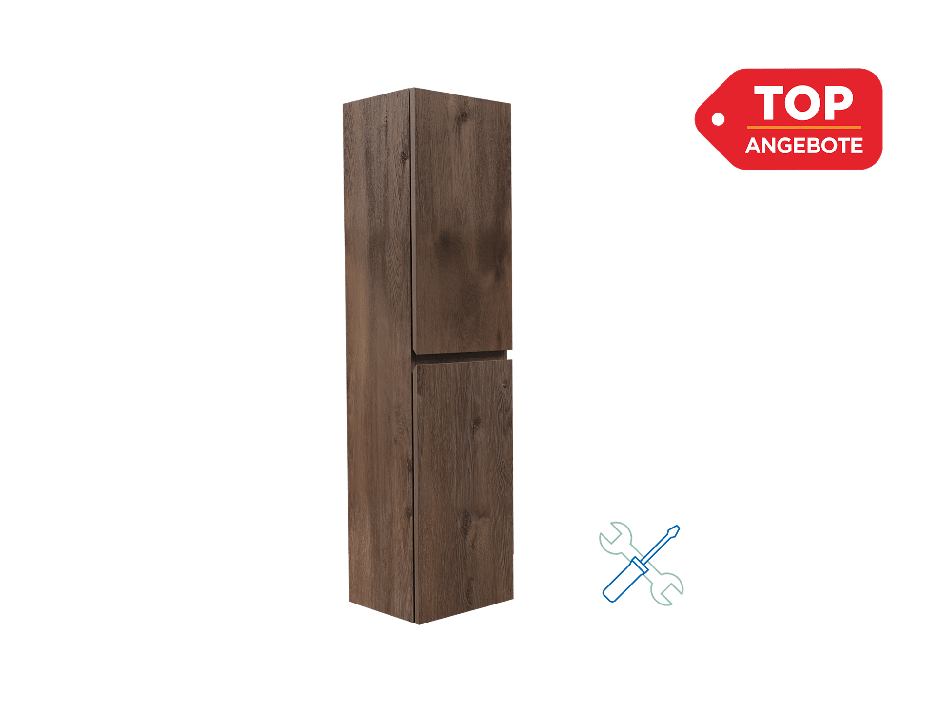 Hoher Badezimmerschrank in dunkler Holzoptik mit zwei geschlossenen Türen, vor schwarzem Hintergrund dargestellt, oben rechts mit rotem „Top-Angebote“-Label und unten rechts mit Werkzeugsymbol für einfache Montage.