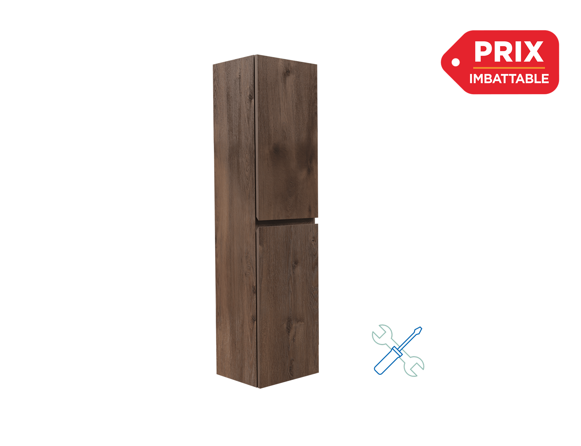 Colonne de salle de bains haute en finition bois foncé avec deux portes fermées, présentée sur fond noir, avec en haut à droite un label rouge « Prix imbattable» et en bas à droite une icône d’outils indiquant un montage facile.