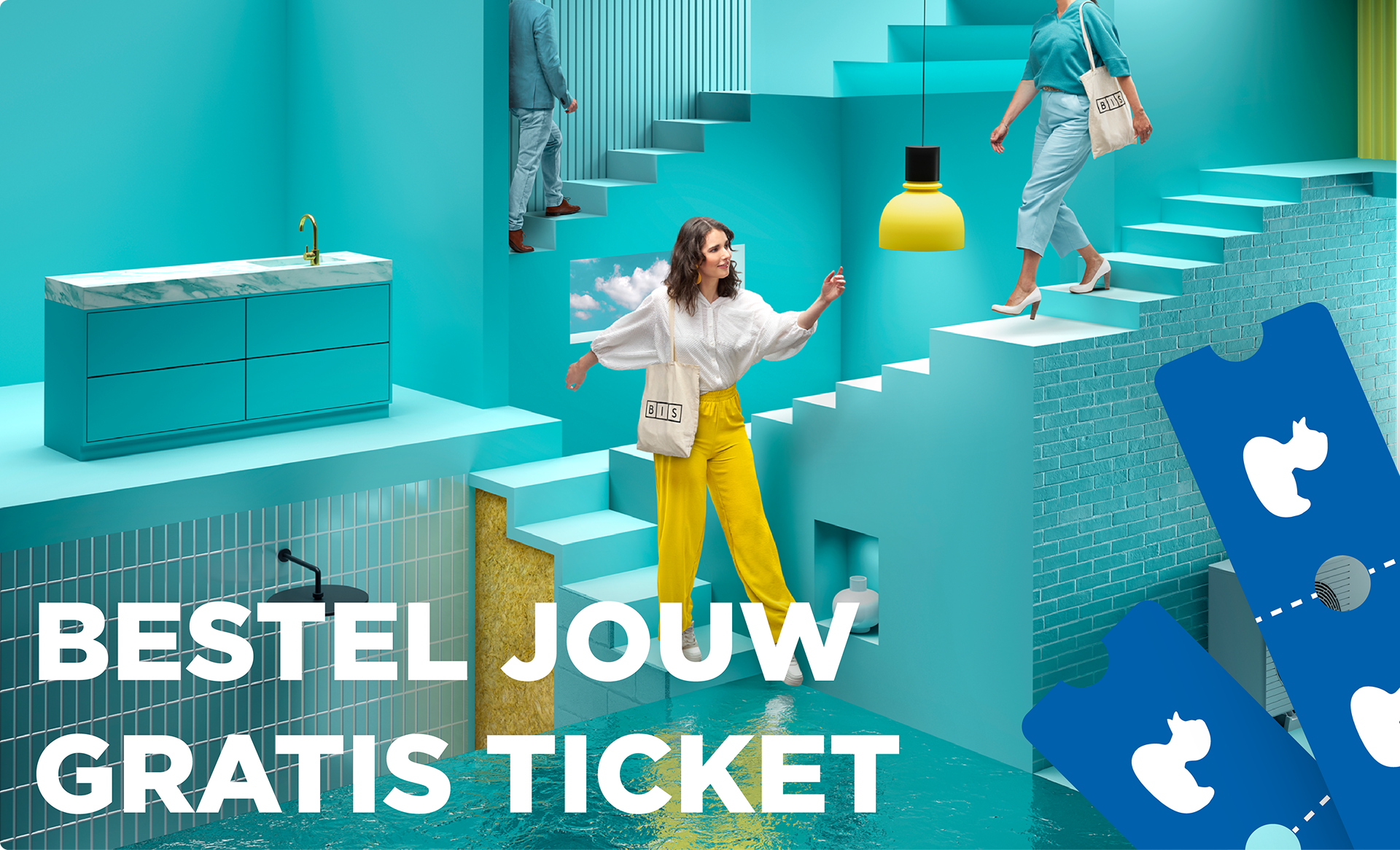 Promotieafbeelding van X²O voor de BIS-beurs 2025, met moderne badkamer en uitnodiging om gratis tickets te bestellen.