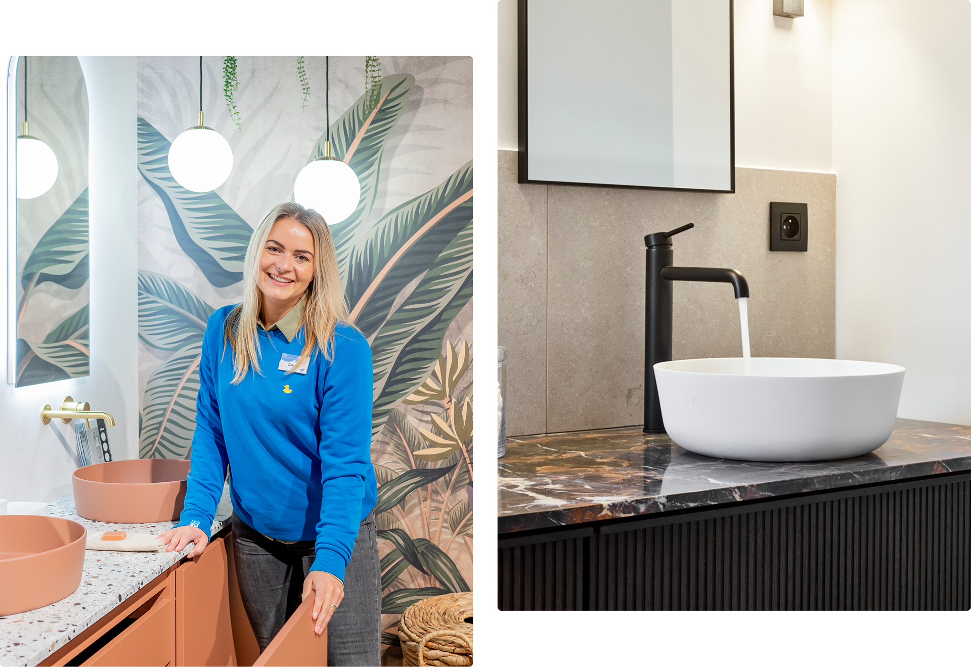 Employée de X²O souriante devant un aménagement coloré de salle de bains au salon BIS.