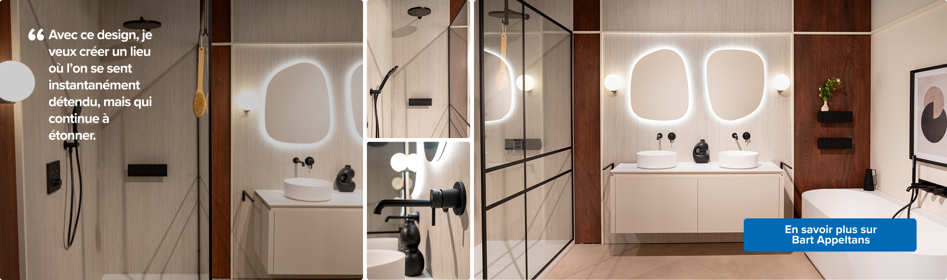 Vue centrée d’une salle de bains x²o salles de bains sans personne. Deux lavabos blancs sur meuble suspendu beige, miroirs rétroéclairés et murs boisés. À gauche, une douche vitrée avec pommeau noir mat et éclairage tamisé. L’ambiance est élégante et sereine.