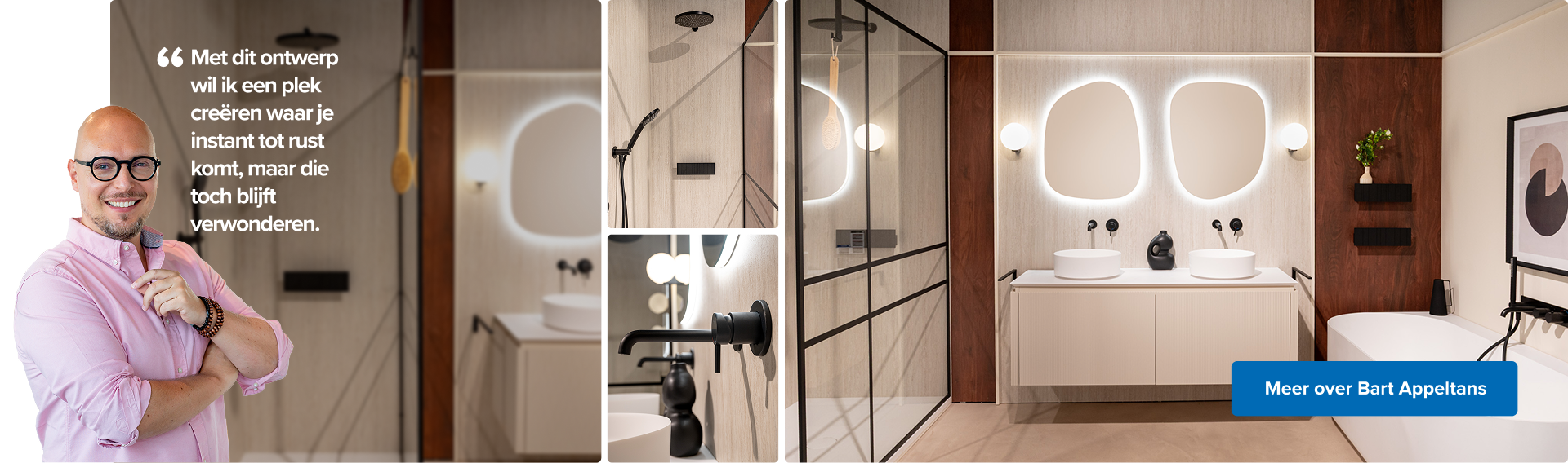 Afbeelding van een moderne x²o badkamer met twee ronde, witte opbouwlavabo’s op een zwevend beige meubel. Boven elk lavabo hangt een organisch gevormde spiegel met zachte LED-verlichting. Links staat een glimlachende man in een roze hemd voor een douche met glazen wand. Houten accenten en warme verlichting zorgen voor een rustgevende sfeer.