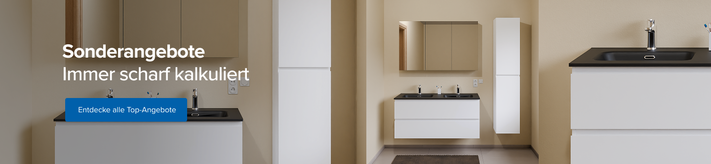 Breites Bild eines modernen x²o Badezimmer mit Doppelwaschtisch, weißen Schränken und schwarzen Waschbecken. Links steht weißer Text: „Sonderangebote – Immer scharf kalkuliert“ und blauer Button: „Entdecke alle Top-Angebote“.
